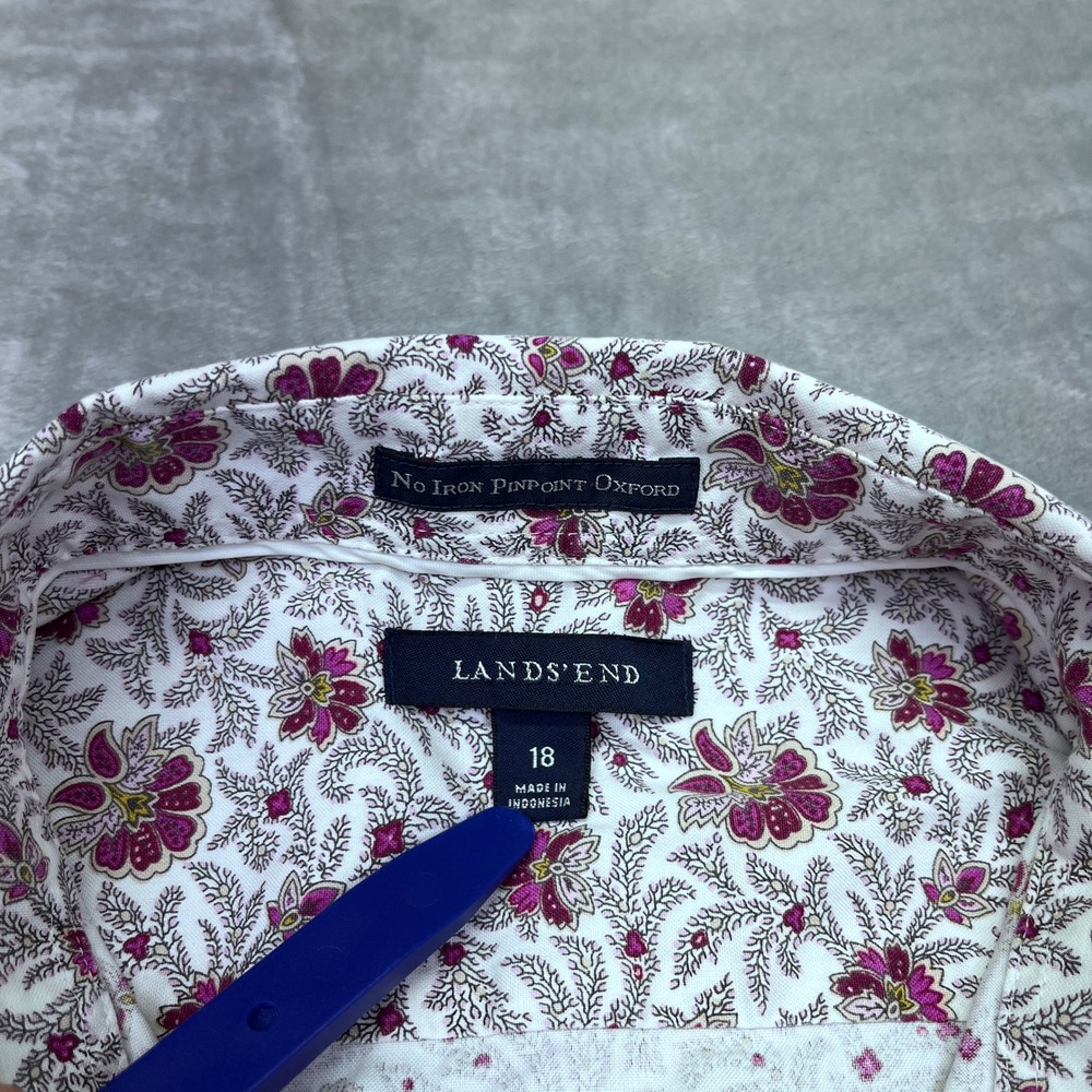 Lands' End Women's Floral Print‎ No Iron Pinpoint Oxford Button Down Shirt Sz 18 - Picture 3 of 7